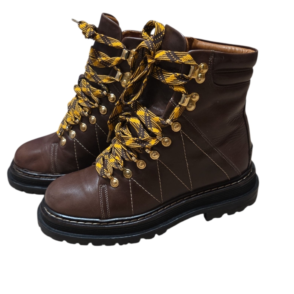 Sandro Elton Boots Brown Leather 37 6.5‎ Mountain Hiking Rubber Chunky Lace Up